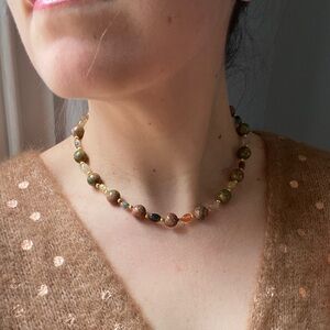 Unakite, agate and golden accented handcrafted necklace